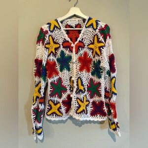 VINTAGE D.TERRELL HANDKNIT CROCHET SWEATER Starfish Women M Button Up Cardigan